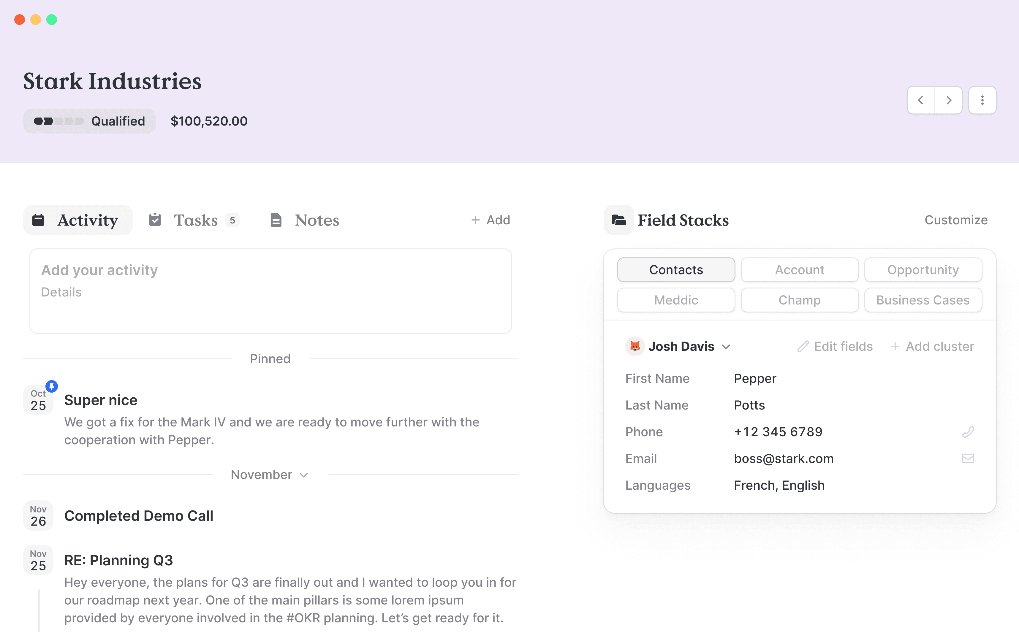 Person details page with activity feed