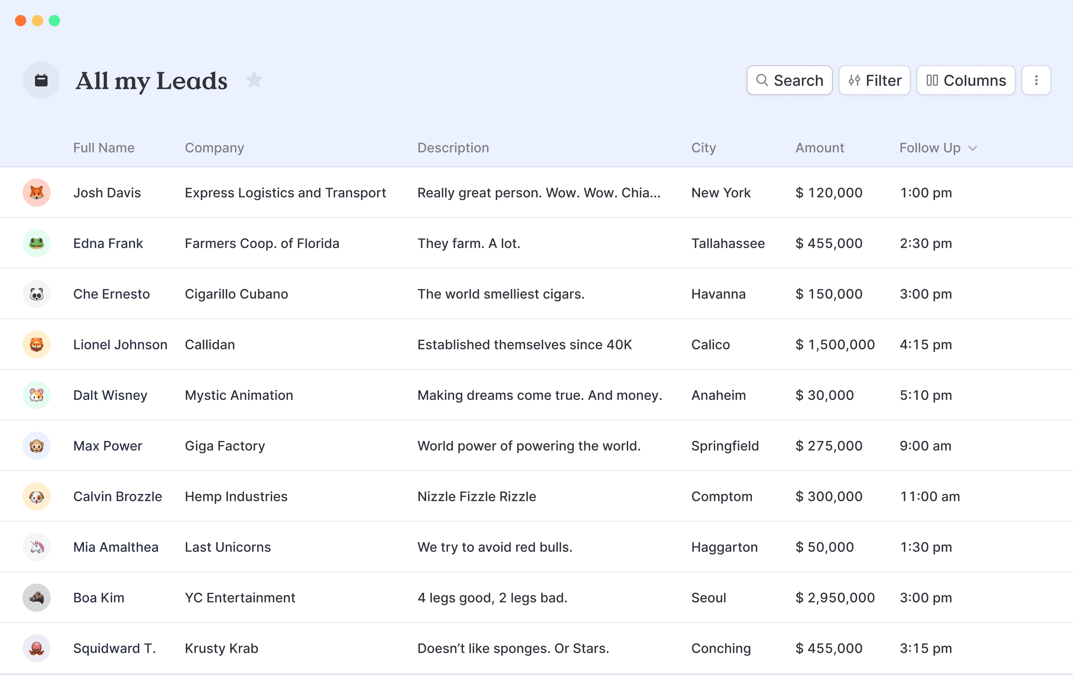 Table page with all my leads